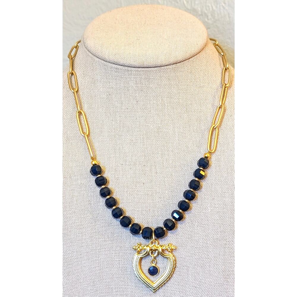 Navy Faceted Glass Bead Gold Tone Heart Pendant & Paper Clip 18" Necklace